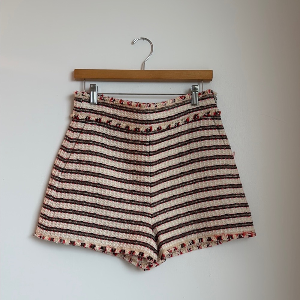 Striped Cream and Black Women's knit Shorts with pockets and side zipper